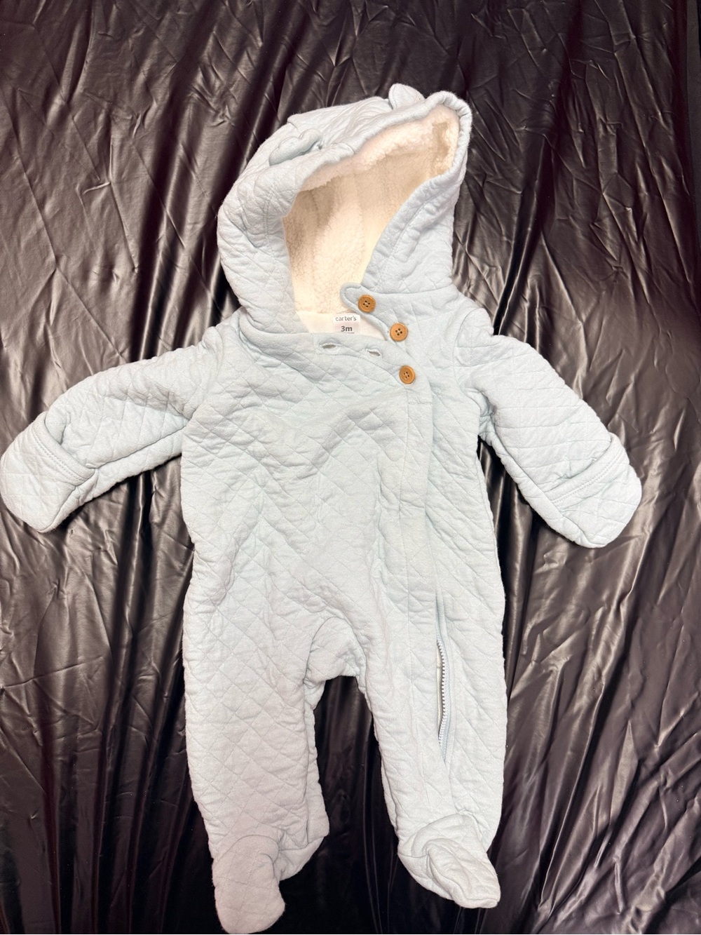 Carter's Pale Blue Quilted Hooded Baby Footie with Sherpa Lining